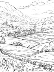 Fototapeta na wymiar Black and white line art depicting an ancient settlement. Village amidst fields. Beautiful nature. Surrounding environment. Old houses. Lovely historical settlements.