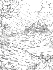 Black and white line art depicting an ancient settlement. Village amidst fields. Beautiful nature. Surrounding environment. Old houses. Lovely historical settlements.