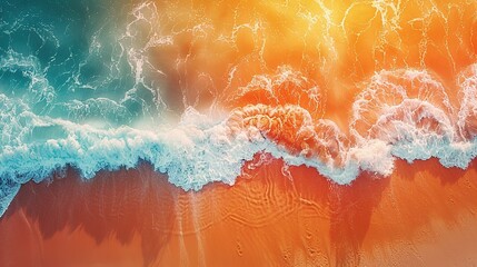 Top shot of a beach scene with a drone. beautiful tropical waves hiting colorful coral. - obrazy, fototapety, plakaty