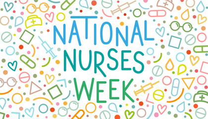 National Nurses Week medical concept on white background. Multicolored text in line art style.	