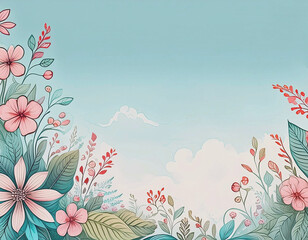 Fototapeta na wymiar Pastel Flower and Leaf Border on Light Blue Sky Background Illustration AI