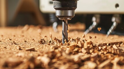 professional, high quality shot of close image of drilling into corkboard, cork pieces visible - obrazy, fototapety, plakaty