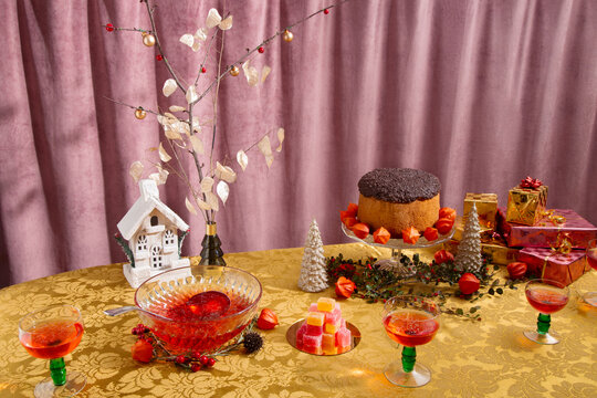 Christmas party table with cake & drinks