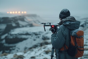 Man on mountain watching remote flying device