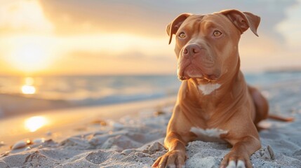 pit bull dog on the beach at sunset - obrazy, fototapety, plakaty