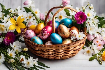 Obraz na płótnie Canvas easter eggs in a basket with flowers