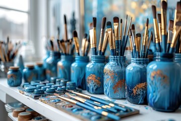 Table with blue jars filled with brushes - Powered by Adobe