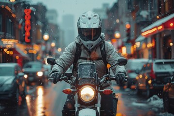 Man riding motorcycle down city street