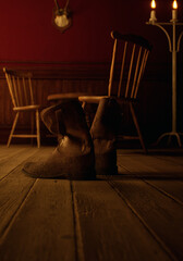 Vintage rustic interior with leather cowboy boots, wooden floor, wooden table, wooden chairs, paneling, candlestick and deer skull on the wall.