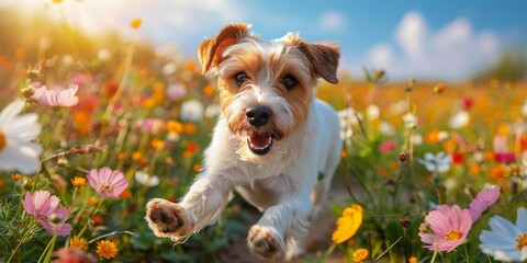 Small White and Brown Dog Running in Field of Flowers
