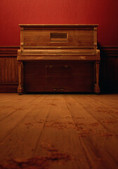Vintage rustic interior with vintage piano on wooden floor against red wallpaper with wooden paneling.