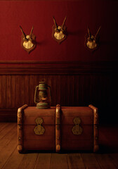 Vintage rustic interior with lantern on travel case on wooden floor with paneling and deer skulls...