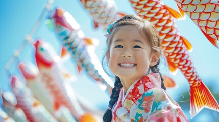 Happy little Japanese girl with koi fish on blue sky background. Concept of Celebrate Golden Week in Japan or National Koi Day