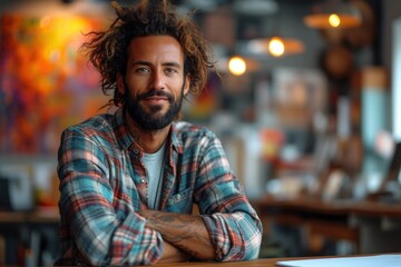 Man with dreadlocks sitting at table