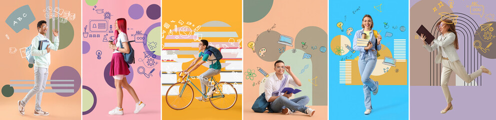 Obraz premium Collage of students on color background
