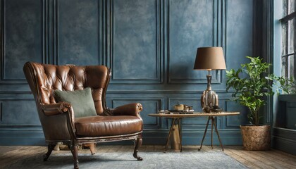 Fototapeta na wymiar Leather Armchair Centerpiece in Deep Blue Ambiance