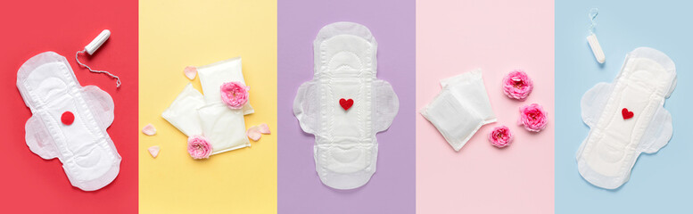 Set of menstrual pads and tampons on color background