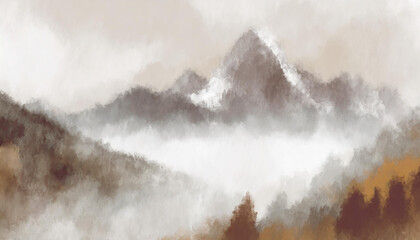 Traditional, vintage and rustic muted color design art of mist mountain background with river