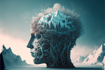 Human Head with Mountains - obrazy, fototapety, plakaty