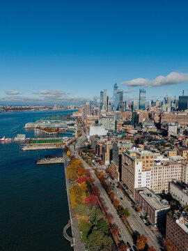Manhattan waterfront from west side, NYC drone view