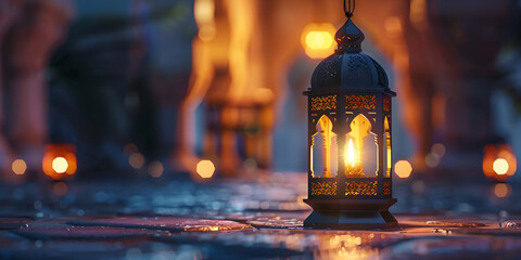 Eid mubarak and ramadan kareem greetings with islamic lantern and mosque.