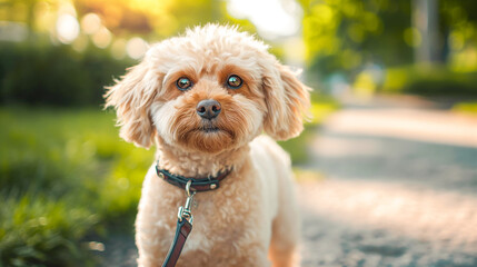 Portrait of a cute beige poodle with a collar and leash walks against the backdrop of a spring park in the rays of the setting spring sun. copy space