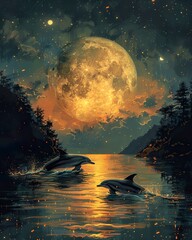 Moonlit sea with dolphins, nocturnal ocean life, serene water, marine animals. wallpaper, background