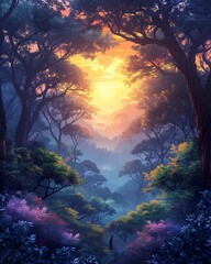 Mystical forest with fog, enchanted woods, fantasy landscape, mysterious atmosphere. background, wallpaper