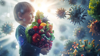 A child holding a shield of fruit and vegetables as a shield against pathogenic bacteria and viruses. The concept of naturally strengthening the immune system. - obrazy, fototapety, plakaty