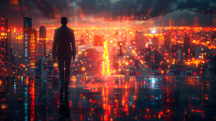 Business technology concept, Professional business man walking on future Pattaya city background and futuristic interface graphic at night, Cyberpunk color style.