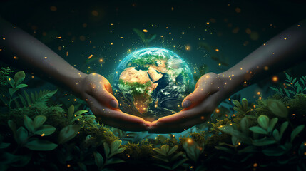 A glass globe in hands, as a symbol of care and concern for our only earth.
