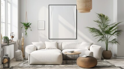 mock poster frame with modern interior background , living room , Scandinavian style , 3D render.