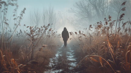 A lone figure walks along a deserted path on a foggy and rainy morning.