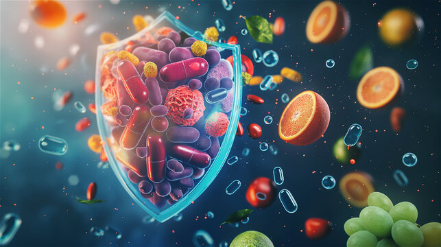 Shield made of fruit and vegetables protect against pathogenic bacteria and viruses. The concept of naturally strengthening the immune system.