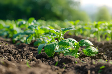 Cultivated potato field for Earth Day concept, showcasing the beauty of green world and sustainable agriculture. - obrazy, fototapety, plakaty