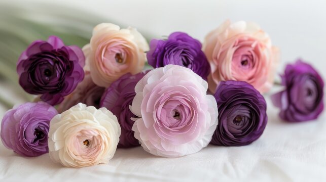   A close-up photo of numerous blooms on a white backdrop, featuring purple, pink, and white petals