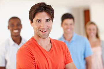 Fototapeta premium Portrait, happy man and employee in office with designer for working, business and agency in America. Male worker, professional and smile in workplace with happiness for job, together and teamwork