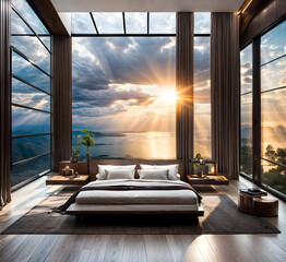a bedroom with a forest view - obrazy, fototapety, plakaty