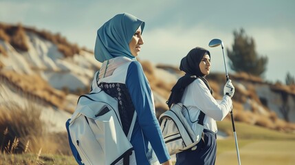 Obraz premium A Muslim woman in hijab wearing a blue head scarf is smiling and holding a golf club. Concept of joy and camaraderie among the group of women