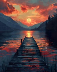 Old wooden pier at lake, tranquil water, peaceful retreat, sunset scene.. background, wallpaper - obrazy, fototapety, plakaty