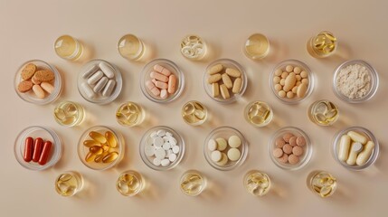 Top view of assorted dietary supplements and medications in glass jars on a beige background. Healthcare and pharmaceutical concept.
