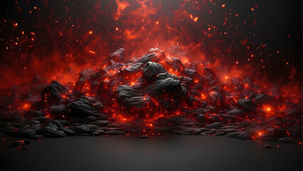 An intense and dramatic artwork showcasing the fierce beauty of glowing lava with flying embers and ashes - obrazy, fototapety, plakaty