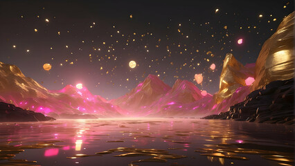 A fantasy landscape featuring majestic mountains under a twinkling starry night sky, with floating lanterns