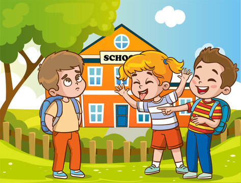 vector illustration of angry kids bullying their weak peers.Kids are being bullied. Verbal and physical social conflict between children, combat abuse, fighting and sarcastic classmate