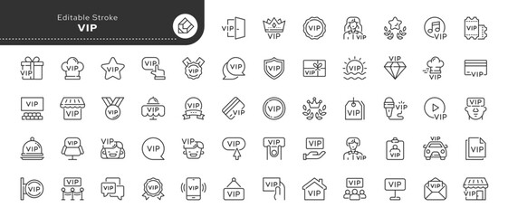 Set of line icons in linear style. Series - VIP. Very important person. Royalty and exclusivity. Outline icon collection. Conceptual pictogram and infographic. - obrazy, fototapety, plakaty