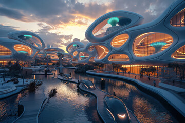 Futuristic Cityscape with Organic Architecture at Sunset