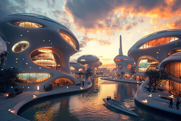 Futuristic Cityscape at Sunset with Innovative Architecture and Waterways - obrazy, fototapety, plakaty
