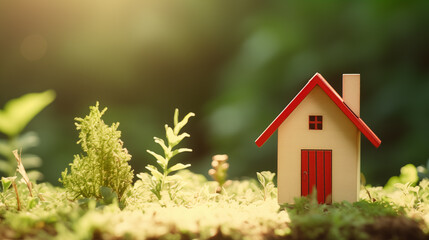 Miniature house on a meadow. A tiny house in forest. Concept of energy saving with modern technology. Real estate business, new homes and mortgages