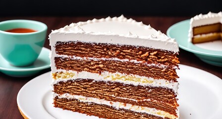 A slice of cake with white frosting on top and a cup of coffee on the side.