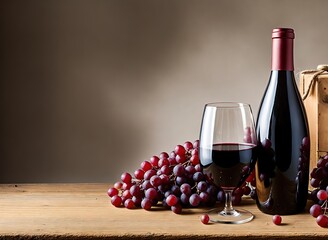 A Bottle of Red Wine and Grapes on a Wooden Table - Powered by Adobe